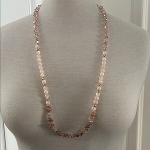 Handmade Mother of Pearl & Crystal Necklace Blush Pink Long Artisan Jewelry